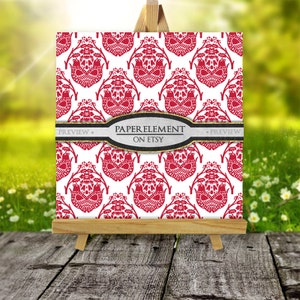 K&ouml;nnte beinhalten: Ein wei&szlig;er Hintergrund mit einem roten sich wiederholenden Muster aus stilisierten V&ouml;geln und floralen Designs. Der Text "PAPER ELEMENT ON ETSY" wird auf einem schwarzen und silbernen Banner angezeigt.