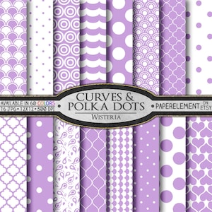 Wisteria Polka Dot Digital Paper: Purple Geometric Shapes with Printable Lilac Patterns and Curved Shapes Digital Scrapbook Papers