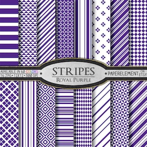 Puede incluir: Un conjunto de 16 patrones de papel digital en varias rayas púrpuras y blancas, diseños geométricos y lunares. El texto "STRIPES ROYAL PURPLE" se muestra en una pancarta negra.