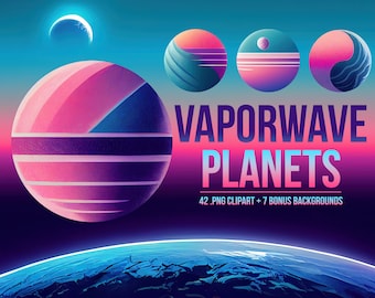 Paquete de imágenes prediseñadas de planetas de ondas de vapor: conjunto de imágenes prediseñadas con temática espacial retro de los años 80, conjunto de gráficos de ondas de vapor surrealistas, superposiciones PNG transparentes