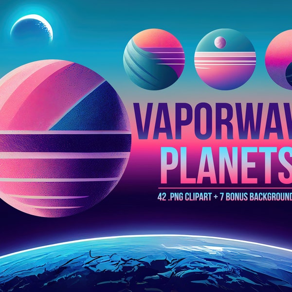 Vaporwave Planets Clipart Bundle - 80s Retro Space Themed Clip Art Set, Surreal Vapor Wave Graphics Set, Transparent PNG Overlays