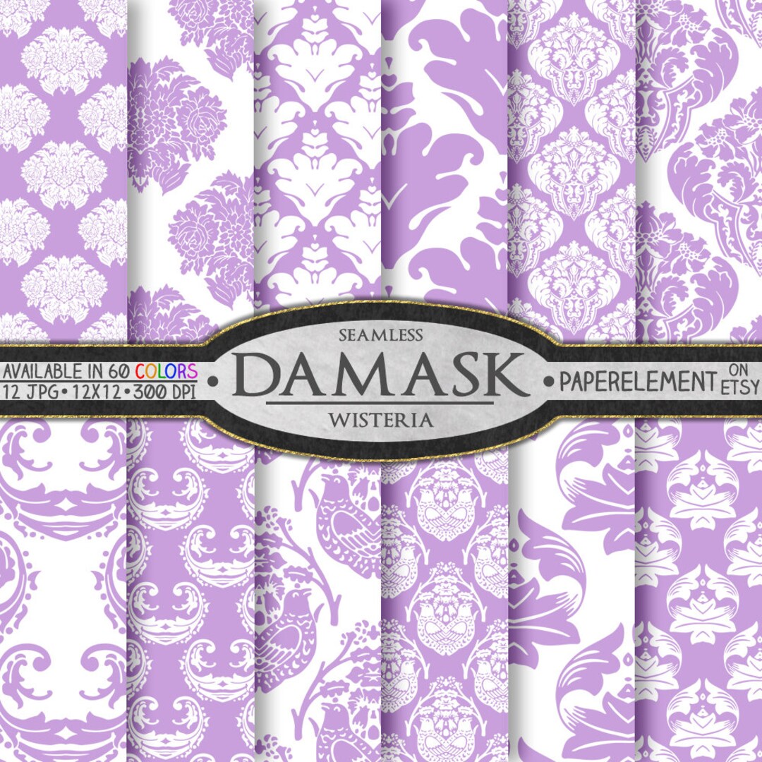 Wisteria Purple Seamless Damask Pattern Digital Paper: Ornate Fabric ...