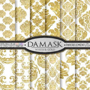 White and Gold Foil Seamless Damask Pattern Digital Paper: Ornate Fabric Prints, Elegant Wedding Anniversary Gift Backgrounds, Backdrops Set