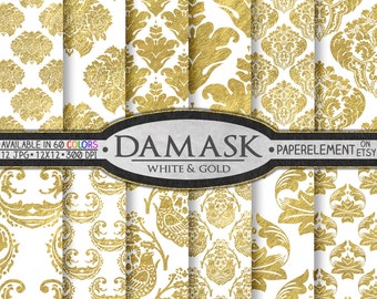 White and Gold Foil Seamless Damask Pattern Digital Paper: Ornate Fabric Prints, Elegant Wedding Anniversary Gift Backgrounds, Backdrops Set