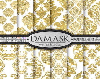 Papel digital con estampado damasco sin costuras en blanco y dorado: estampados de tela ornamentados, elegantes fondos para regalos de aniversario de bodas, conjunto de fondos