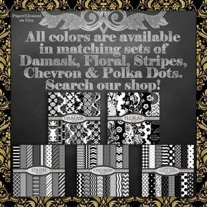 Puede incluir: Paquete de papel digital en blanco y negro con patrones de damasco, floral, rayas, chevron y lunares. Todos los colores est&aacute;n disponibles en juegos a juego. &iexcl;Busca en nuestra tienda!