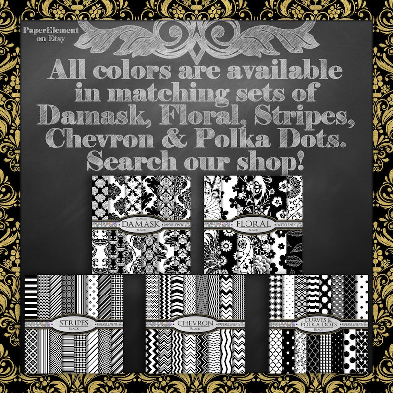 Puede incluir: Paquete de papel digital en blanco y negro con patrones de damasco, floral, rayas, chevron y lunares. Todos los colores est&aacute;n disponibles en juegos a juego. &iexcl;Busca en nuestra tienda!
