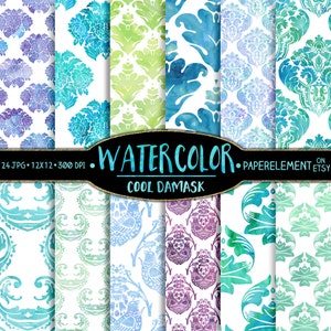 Pacote de papel damasco para aquarela digital - Impressões em aquarela damasco - Cenários de damasco aquático com verde-mar, oceano e azul-celeste e roxo
