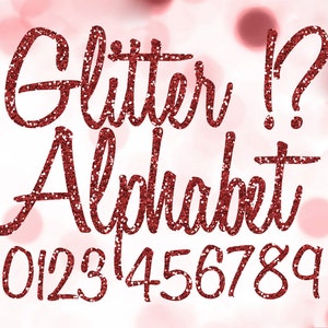 May include: Red glitter alphabet letters and numbers on a pink and white background. The letters are in a cursive font and the numbers are in a block font. The text reads "Glitter Alphabet 0123456789".