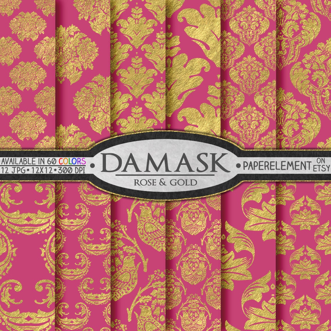 Pink and Gold Seamless Damask Pattern Digital Paper: Ornate Fabric ...