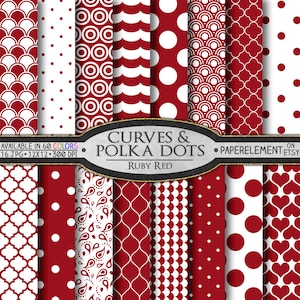 以下が含まれることがあります： ルビーレッドと白の模様のデジタルペーパーのコレクション。デザインには、水玉模様、円、ホタテ、ペイズリーが含まれます。画像には「Curves & Polka Dots」と「Ruby Red」と書かれています。
