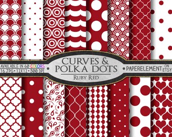 Ruby Red Polka Dot Digital Paper: Red Geometric Background, Red Digital Background, Maroon and White Patterns Digital Scrapbook Pages
