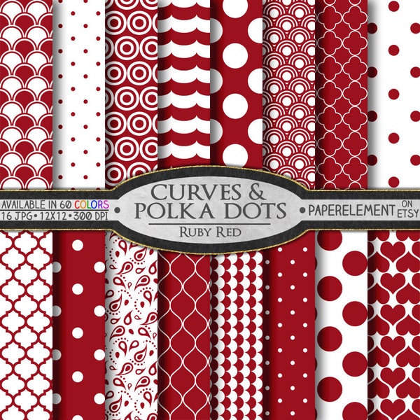 Ruby Red Polka Dot Digital Paper: Red Geometric Background, Red Digital Background, Maroon and White Patterns Digital Scrapbook Pages