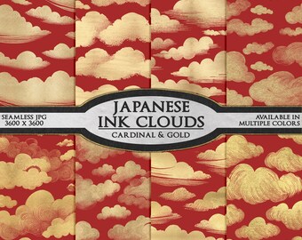 Paquete de papel digital con nubes en tinta japonesa en rojo y dorado: fondos con patrones de cielo sin costuras con láminas metálicas, gráficos de garabatos artísticos imprimibles