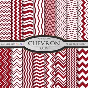 May include: A set of 12 digital paper patterns featuring a red and white chevron design. The patterns are seamless and available in 25 colours. The text "Seamless Chevron Ruby" is displayed on the image.