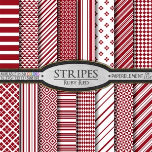 Könnte beinhalten: Ein Set mit 16 digitalen Papiermustern in Rubinrot und Weiß. Die Muster umfassen Streifen, Rauten und geometrische Designs.  AVAILABLE IN 60 COLORS 16 JPG 12X12 300 DPI STRIPES RUBY RED • PAPERELEMENT ON ETSY