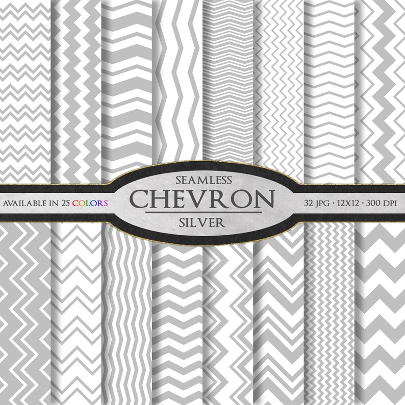 Silver Chevron Digital Paper Pack Silver Scrapbook Paper Chevron Stripes Wedding Patterns Pale Gray Commercial Use Seamless Graphics image 1