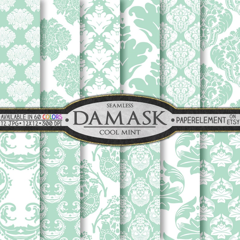 Pastel Mint Damask Digital Paper Mint Green Damask Paper Etsy