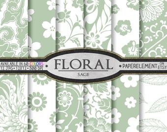 Conjunto de patrones de papel digital con motivos florales en verde salvia: fondos de flores, fondos para álbumes de recortes imprimibles, diseños de imágenes gráficas de verano para imprimir