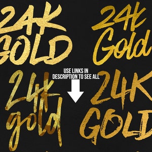 Puede incluir: Cuatro variaciones diferentes del texto "24K Gold" en una fuente dorada de pinceladas sobre un fondo negro. El texto est&aacute; en una variedad de tama&ntilde;os y estilos.