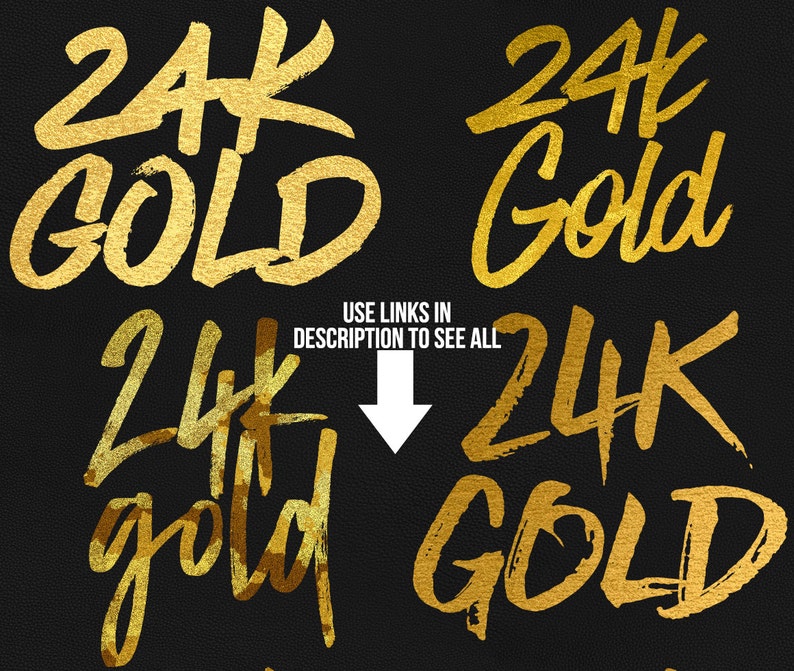 Puede incluir: Cuatro variaciones diferentes del texto "24K Gold" en una fuente dorada de pinceladas sobre un fondo negro. El texto est&aacute; en una variedad de tama&ntilde;os y estilos.