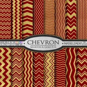 May include: Set of 16 digital paper patterns featuring chevron designs in maroon and gold foil.  AVAILABLE IN 10 COLORS. 16 JPG - 12X12 - 300 DPI.  • PAPERELEMENT ON ETSY
