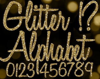 Gold Glitter Alphabet Clipart: Cursive Letters Handwriting Overlay Clip Art Images, Shiny Script Writing Font, Numbers Digital Download