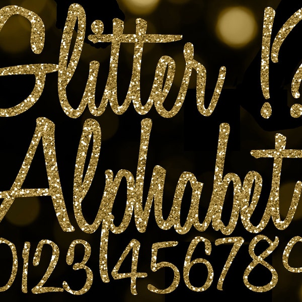 Gold Glitter Alphabet Clipart: Cursive Letters Handwriting Overlay Clip Art Images, Shiny Script Writing Font, Numbers Digital Download