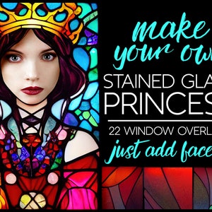 Stained Glass Princess Overlay Clipart - Cute Fantasy Clip Art Windows - Add Your Own Faces
