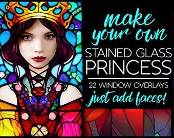 Imágenes prediseñadas de princesas de vitrales superpuestas: lindas imágenes prediseñadas de fantasía para ventanas: agregue sus propias caras