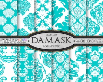 Papel digital con estampado damasco sin costuras en azul aguamarina y color huevo de petirrojo: estampados de tela ornamentados, elegantes fondos para regalos de aniversario de bodas, conjunto de fondos