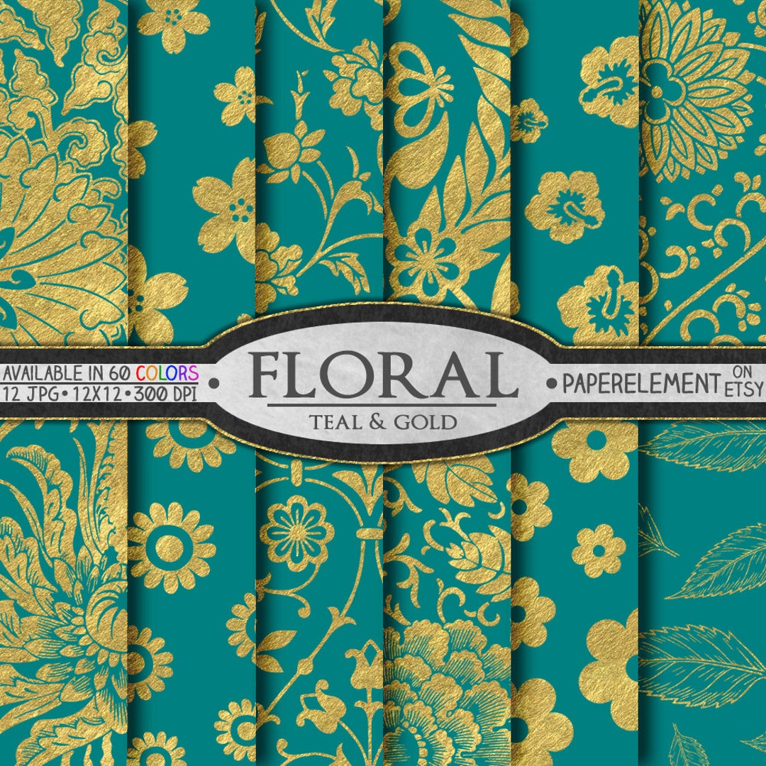 Gold and Teal Floral Digital Paper Patterns Set: Flower Backgrounds ...