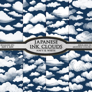 Navy Blue & White Japanese Ink Cloud Digital Paper Set: Seamless Sky Pattern Backgrounds, Printable Cloud Art Drawings with a Dark Night Sky
