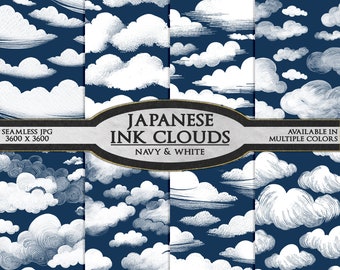 Juego de papeles digitales con nubes en tinta japonesa azul marino y blanco: fondos con patrones de cielo sin costuras, dibujos de arte de nubes imprimibles con un cielo nocturno oscuro