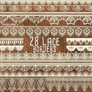 May include: A collection of 28 white lace borders on a brown wood background. The borders are various designs and sizes.  28 Lace Borders.