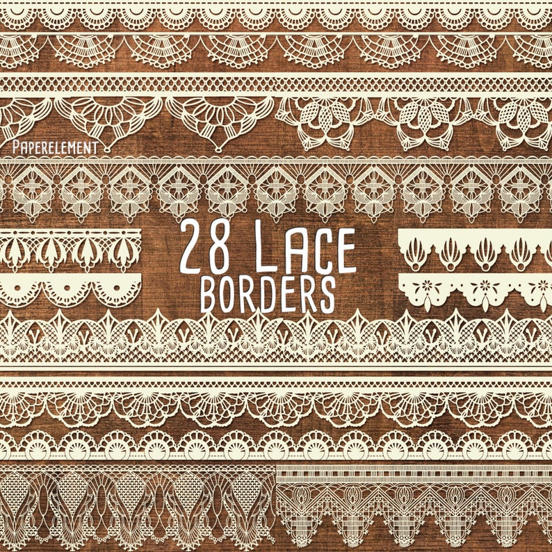 May include: A collection of 28 white lace borders on a brown wood background. The borders are various designs and sizes.  28 Lace Borders.