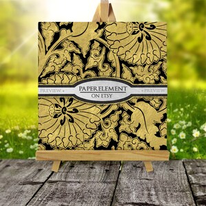 May include: A black and gold digital paper with a floral pattern. The paper has a metallic gold finish and is perfect for creating invitations, cards, and other paper crafts. The text "PAPER ELEMENT ON ETSY" is printed on the paper.