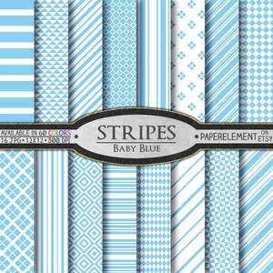 Könnte beinhalten: Ein Set mit 16 digitalen Papiermustern in Babyblau und Weiß. Die Muster umfassen Streifen, Rauten und Dreiecke. Der Text "STRIPES BABY BLUE" befindet sich in der Mitte des Bildes. Der Text "AVAILABLE IN 60 COLORS 16 JPG - 12X12 - 300 DPI" befindet sich oben links. Der Text "PAPERELEMENT ON ETSY" befindet sich oben rechts.