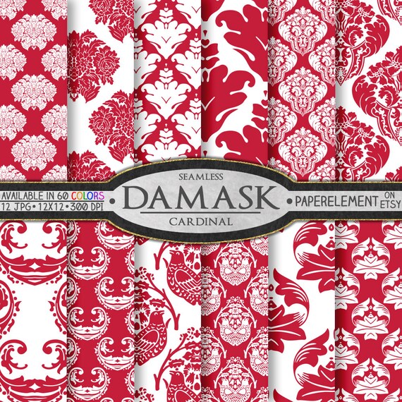 Cardinal Red Crimson Damask Scrapbook Paper Pack: Intricate Ornamental Page Designs, Printable Jpg Graphics Images Bundle Download 12x12