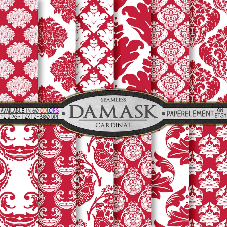 K&ouml;nnte beinhalten: Ein Set mit 12 digitalen Papierdesigns mit einem roten und wei&szlig;en Damastmuster. Die Papiere sind nahtlos und in 60 Farben erh&auml;ltlich. Der Text "Nahtloser Damast Kardinal" wird auf dem Bild angezeigt.