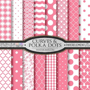 May include: A set of 16 digital paper designs featuring pink and white polka dots, curves, and geometric patterns. The text "CURVES & POLKA DOTS" is displayed in a black banner with the words "WATERMELON" and "PAPERELEMENT ETSY" below. The text "AVAILABLE IN 60 COLORS" and "16 JPG - 12X12 - 300 DPI" is displayed in a smaller black banner.