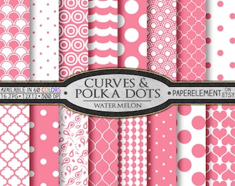 Papel digital con lunares en color rosa sandía: páginas para álbumes de recortes imprimibles, imágenes y descargas en colores chicle y caramelo, patrones de corazones y cuadrifolios