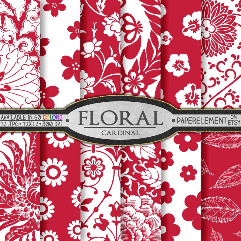 Cardinal Red Floral Digital Paper Patterns Set: Flower Backgrounds, Backdrop Printable Scrapbook Download, Spring Graphic Image Design Print image 1