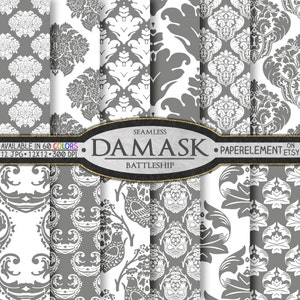 May include: A set of 12 seamless damask patterns in gray and white. The patterns are available in 60 colors and are 12x12 inches at 300 DPI. The text "Seamless Damask Battleship PaperElement Etsy" is included in the image.
