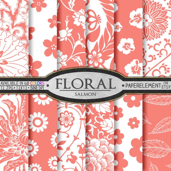 salmon pink flower digital paper pack floral digital etsy pink flower scrapbook paper