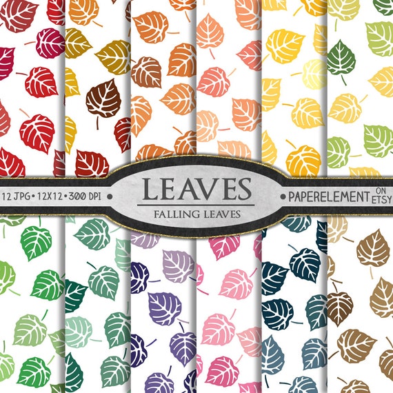 Falling Leaves Digital Paper: Leaf Digital Paper, Fall Leaf Paper, Leaf Backgrounds, Leaf Patterns in Red, Orange, Yellow, Green, Pink, Gray