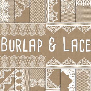Burlap and Lace Digital Paper: Hochzeiteinladungspapier aus Sackleinen, Spitzenpapier, rustikales Hochzeitsdekor für den Hintergrund, Burlap-Hochzeitsdekorationen