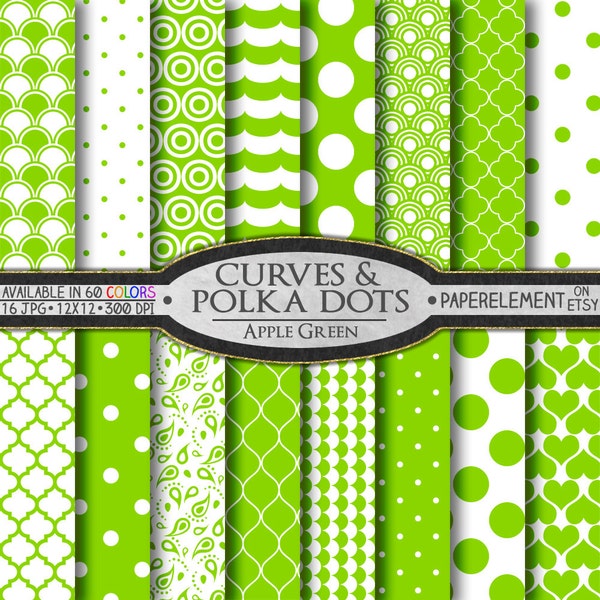 Apple Green Polka Dots Digital Scrapbook Paper - Digital Polka Dots Shapes Backdrop with Hearts Background and Printable Quatrefoil Pattern