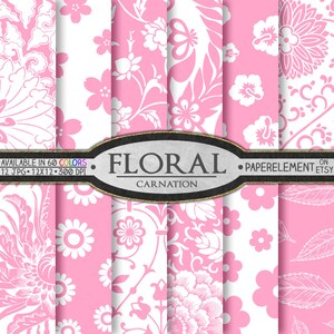Papier numérique fleurs roses oeillets pour mariage, chambre de bébé, anniversaire : roses, marguerites, maman, hibiscus, vignes, feuilles, pétales 12 x 12 Jpg