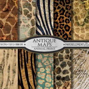 Antike Landkarte Papier: Alte Welt Karten Scrapbook Papier Tier Druck Muster - Vintage Maps Zebra, Tiger, Giraffe - Instant Download